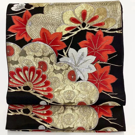 6700# Japanese Vintage Fukuro Obi Belt Kimono Fabric Silk Traditional Black