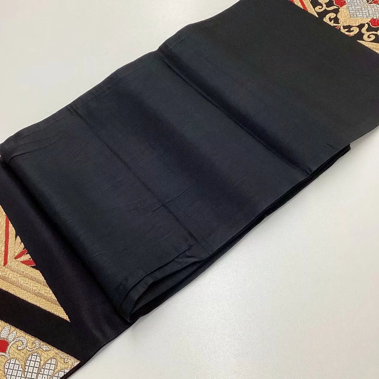 6705# Japanese Vintage Fukuro Obi Belt Kimono Fabric Silk Traditional Black