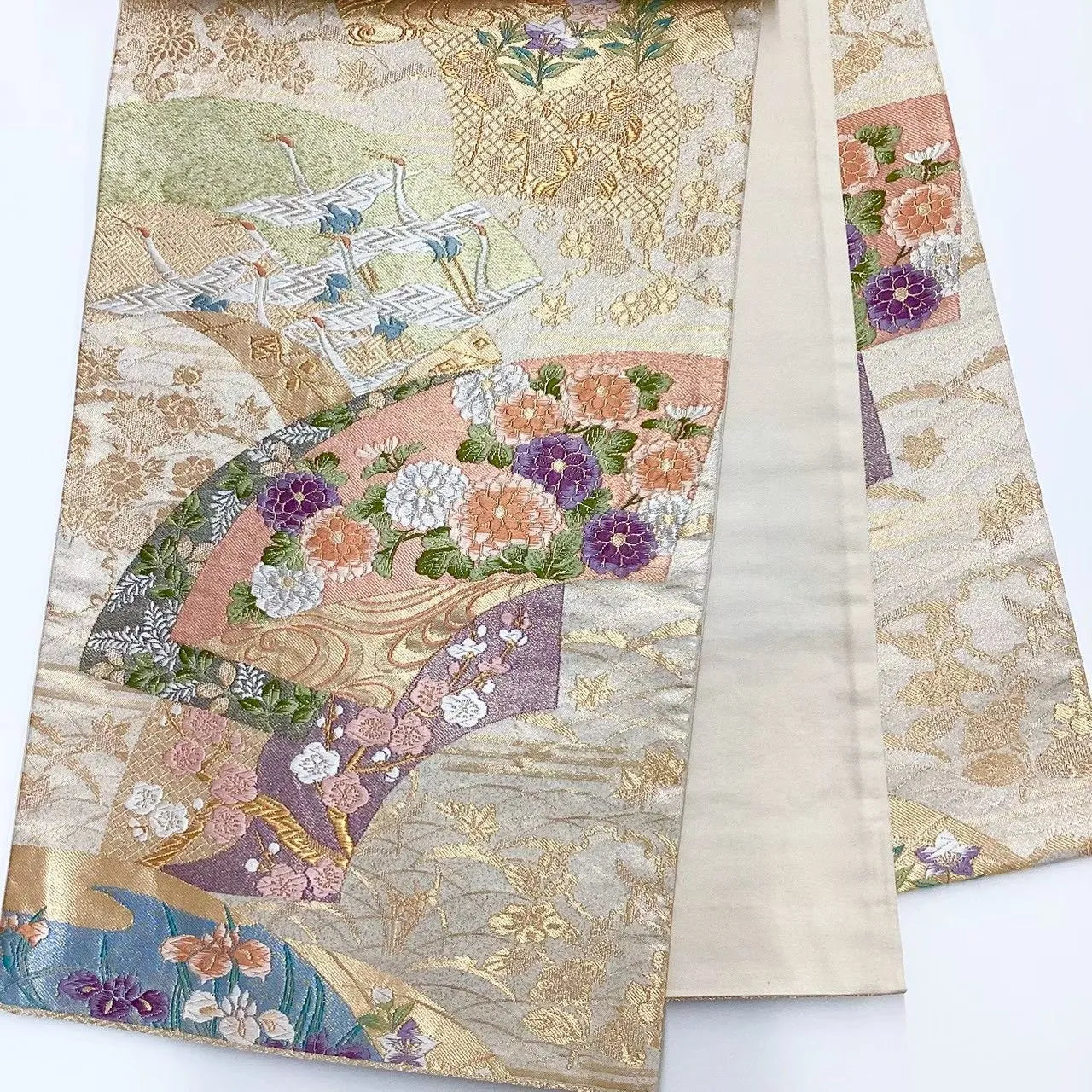 6707# Japanese Vintage Fukuro Obi Belt Kimono Fabric Silk Traditional Gold