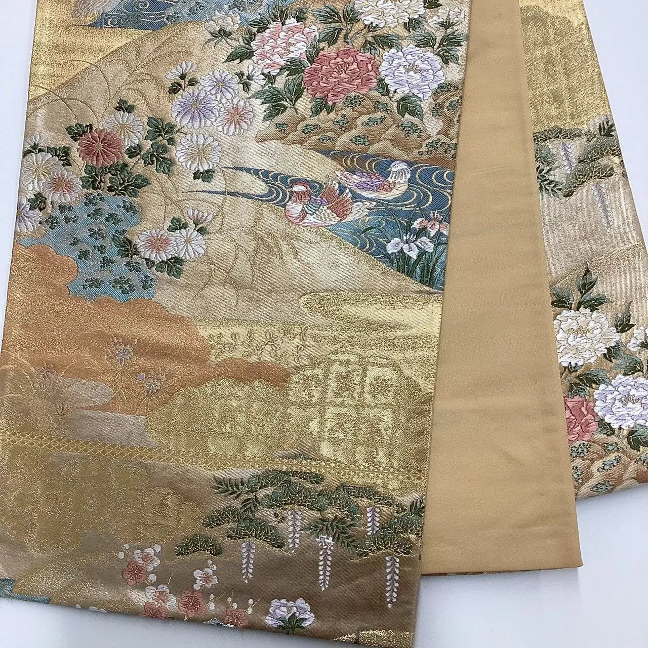 6708# Japanese Vintage Fukuro Obi Belt Kimono Fabric Silk Traditional Gold
