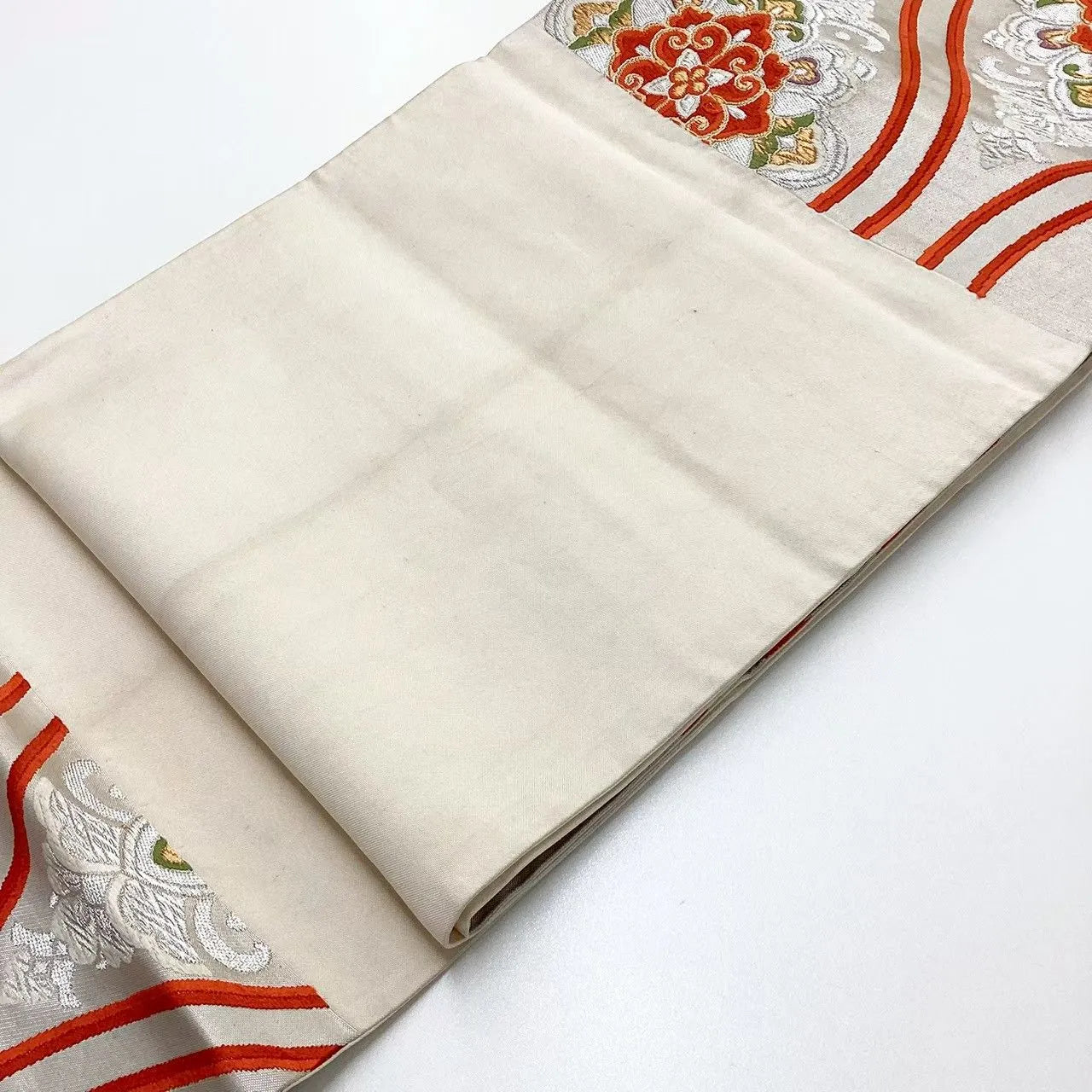 6710# Japanese Vintage Fukuro Obi Belt Kimono Fabric Silk Traditional Silver