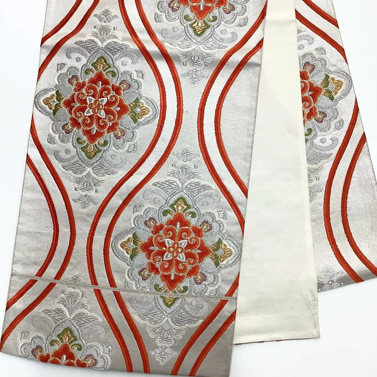 6710# Japanese Vintage Fukuro Obi Belt Kimono Fabric Silk Traditional Silver