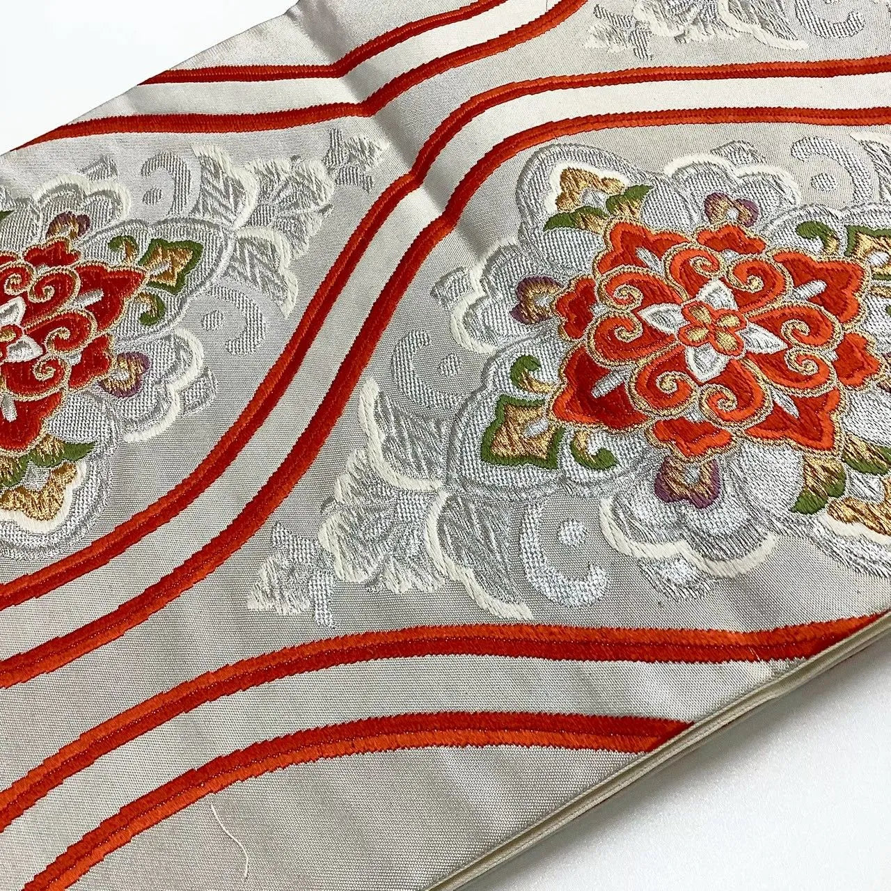6710# Japanese Vintage Fukuro Obi Belt Kimono Fabric Silk Traditional Silver