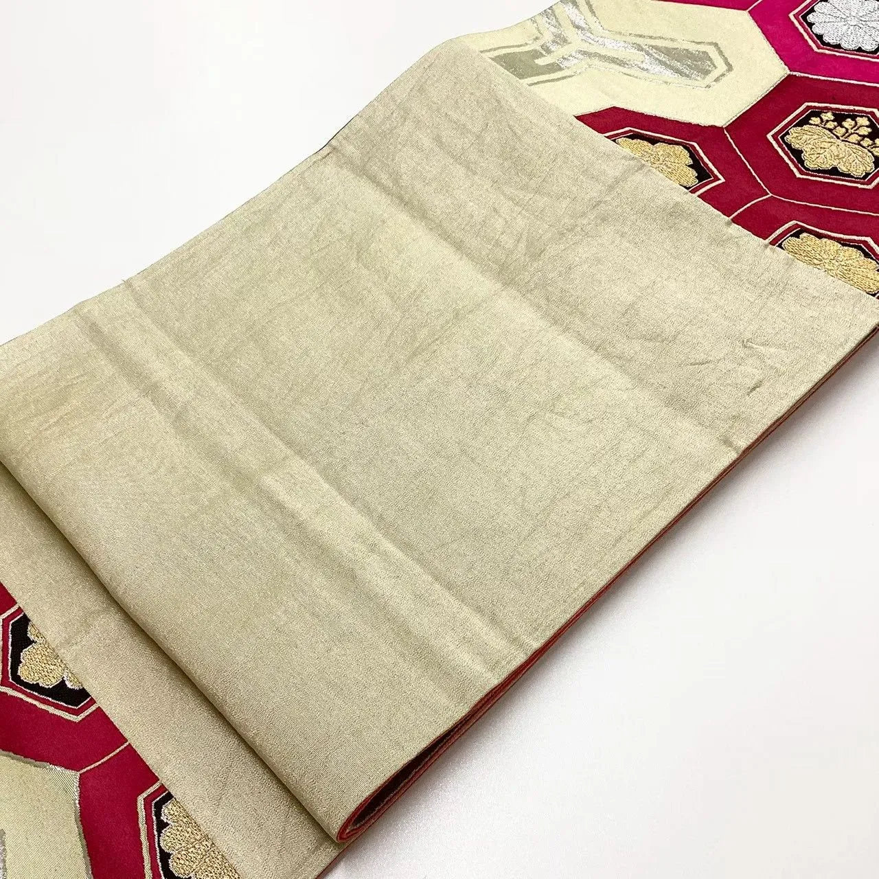 6711# Japanese Vintage Fukuro Obi Belt Kimono Fabric Silk Traditional Silver