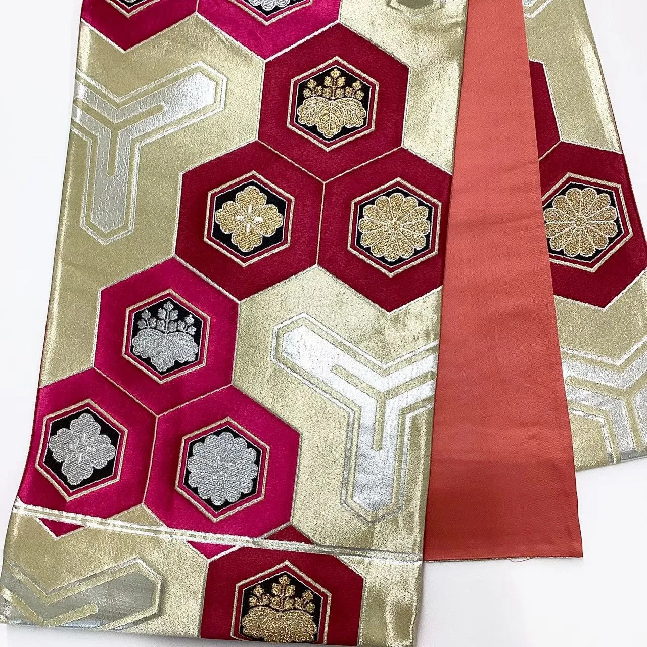 6711# Japanese Vintage Fukuro Obi Belt Kimono Fabric Silk Traditional Silver