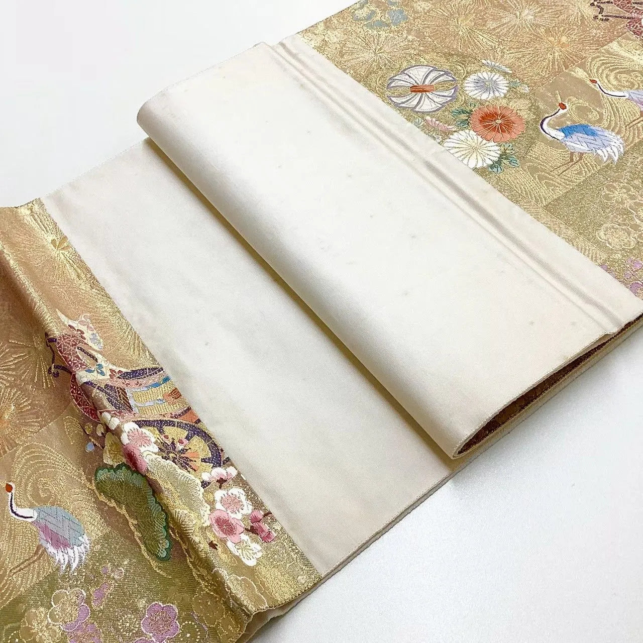 6716# Japanese Vintage Fukuro Obi Belt Kimono Fabric Silk Traditional Gold