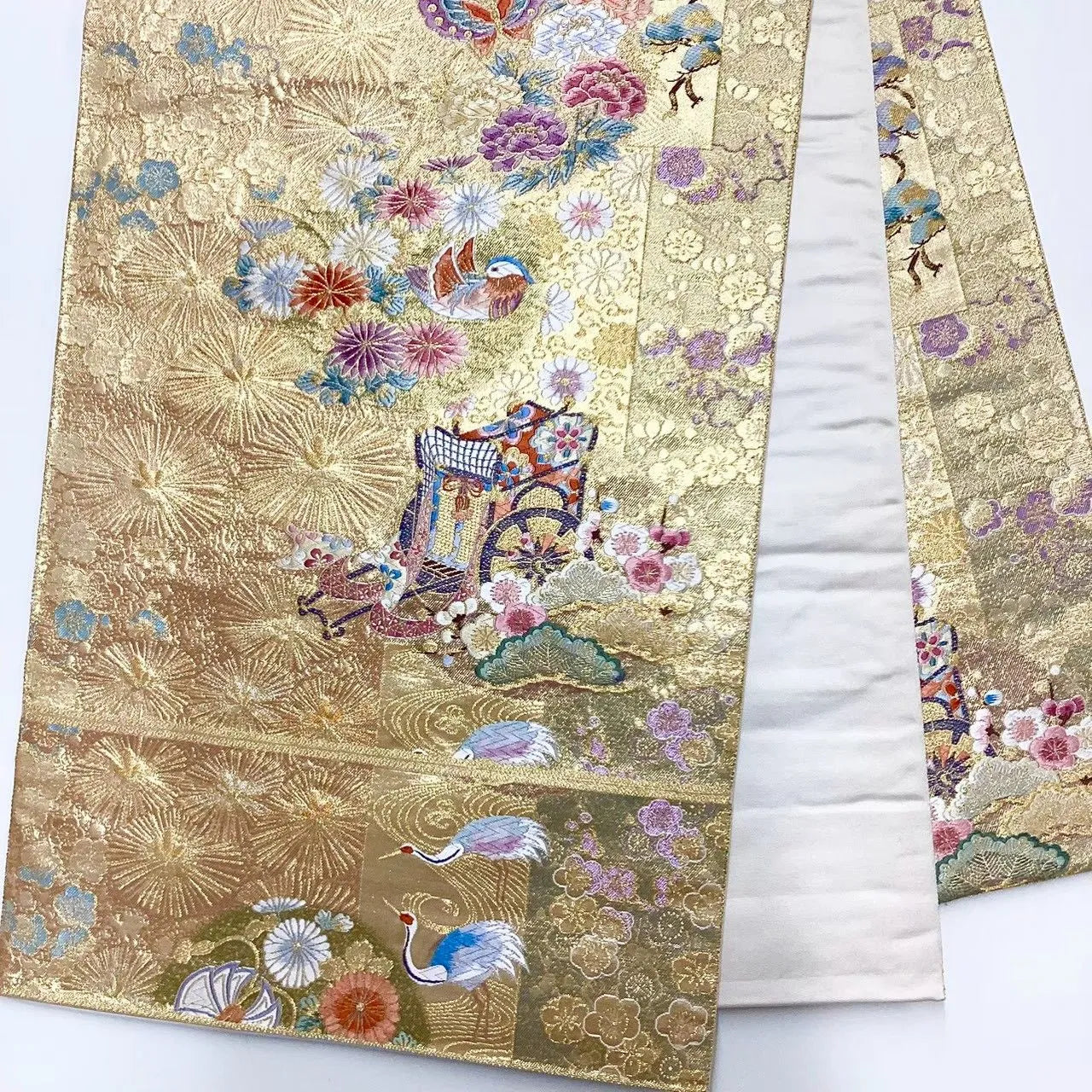 6716# Japanese Vintage Fukuro Obi Belt Kimono Fabric Silk Traditional Gold