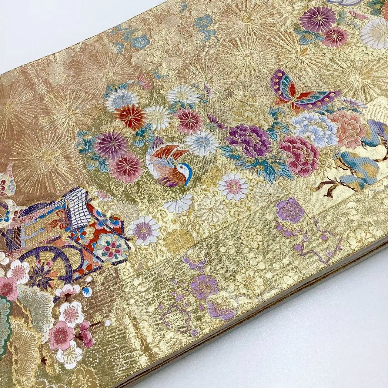 6716# Japanese Vintage Fukuro Obi Belt Kimono Fabric Silk Traditional Gold