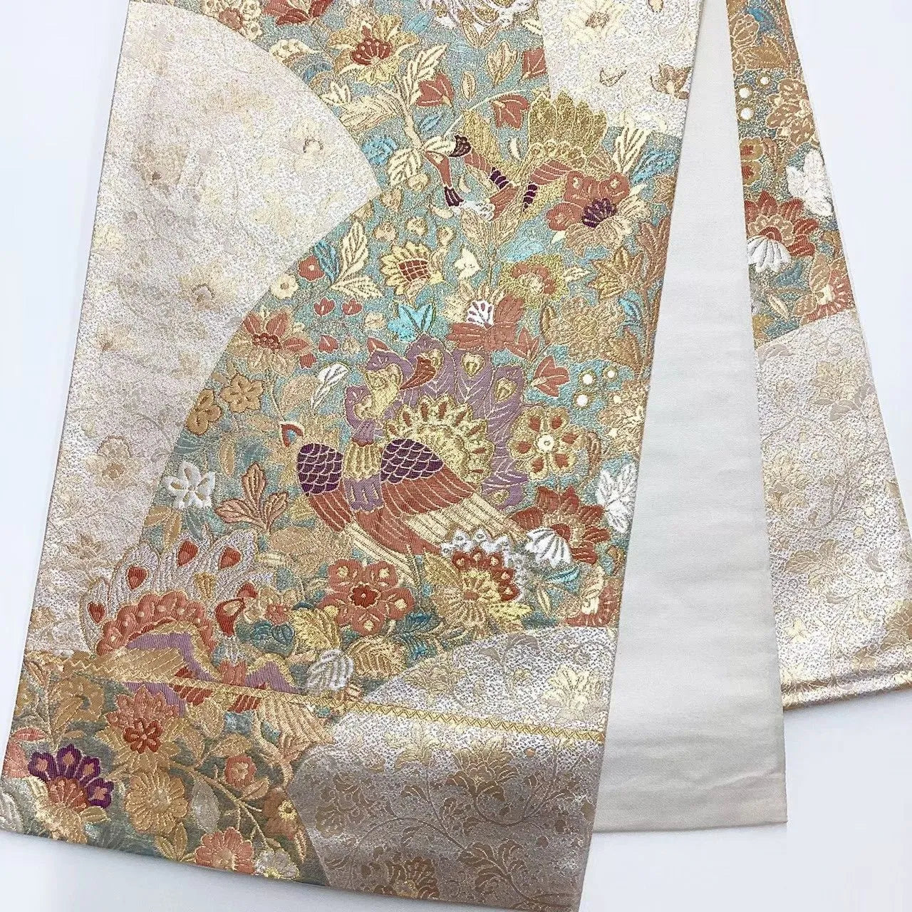 6718# Japanese Vintage Fukuro Obi Belt Kimono Fabric Silk Traditional Gold
