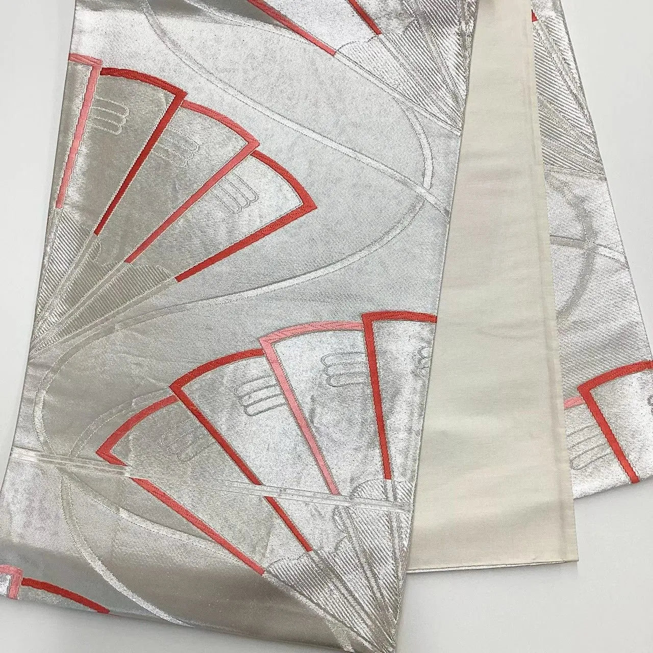 6719# Japanese Vintage Fukuro Obi Belt Kimono Fabric Silk Traditional Silver