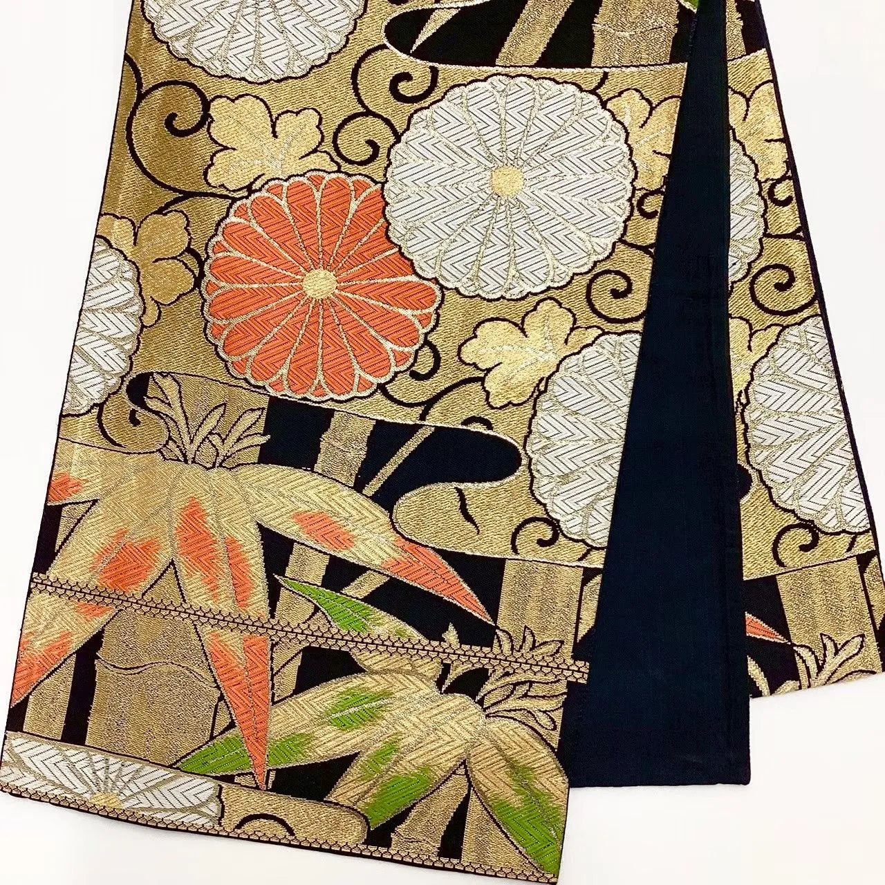 6721# Japanese Vintage Fukuro Obi Belt Kimono Fabric Silk Traditional Black　