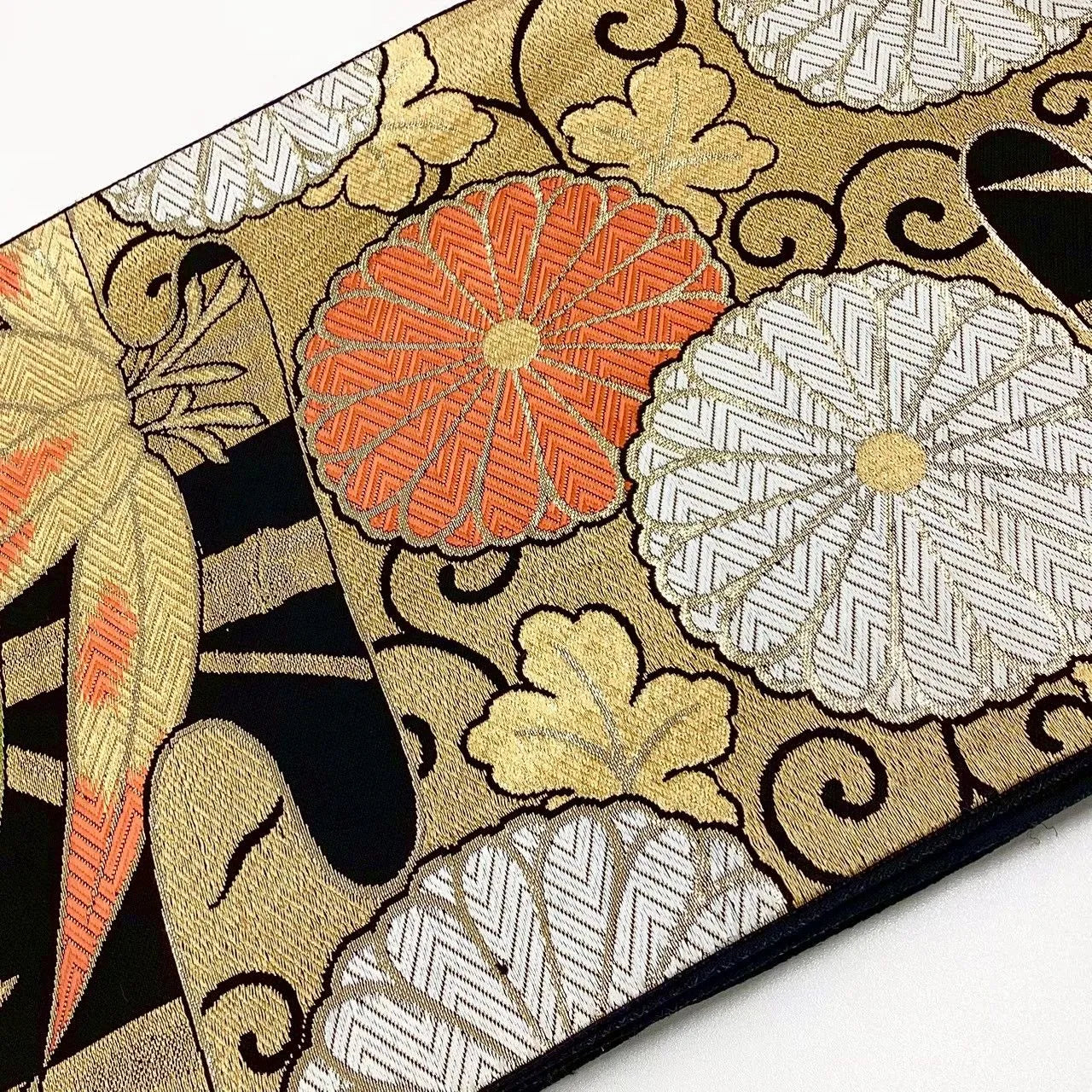 6721# Japanese Vintage Fukuro Obi Belt Kimono Fabric Silk Traditional Black　