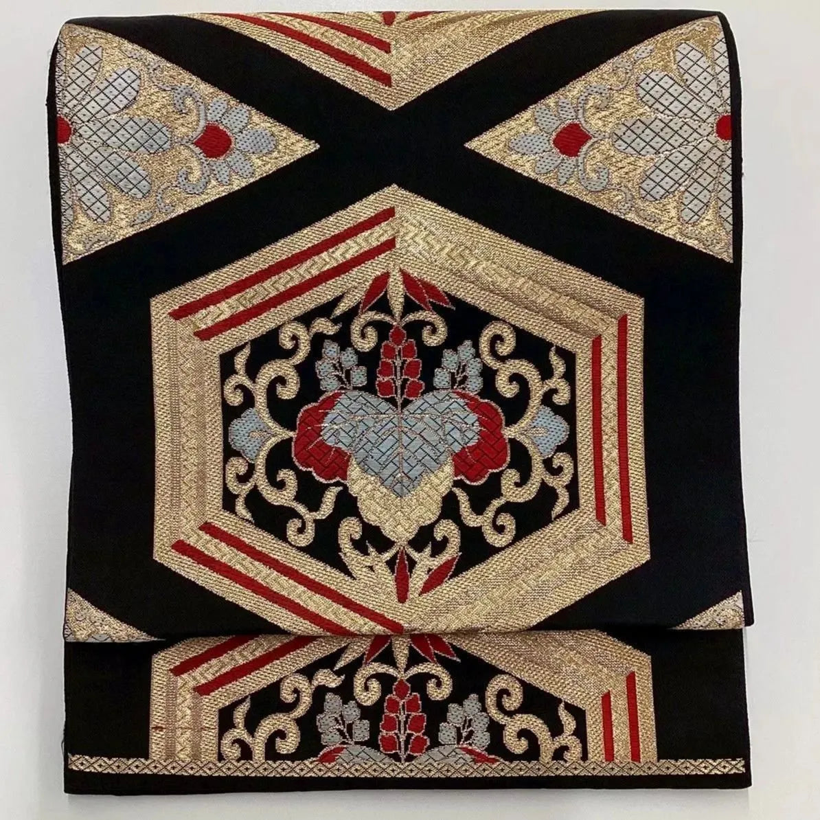 6705# Japanese Vintage Fukuro Obi Belt Kimono Fabric Silk Traditional Black