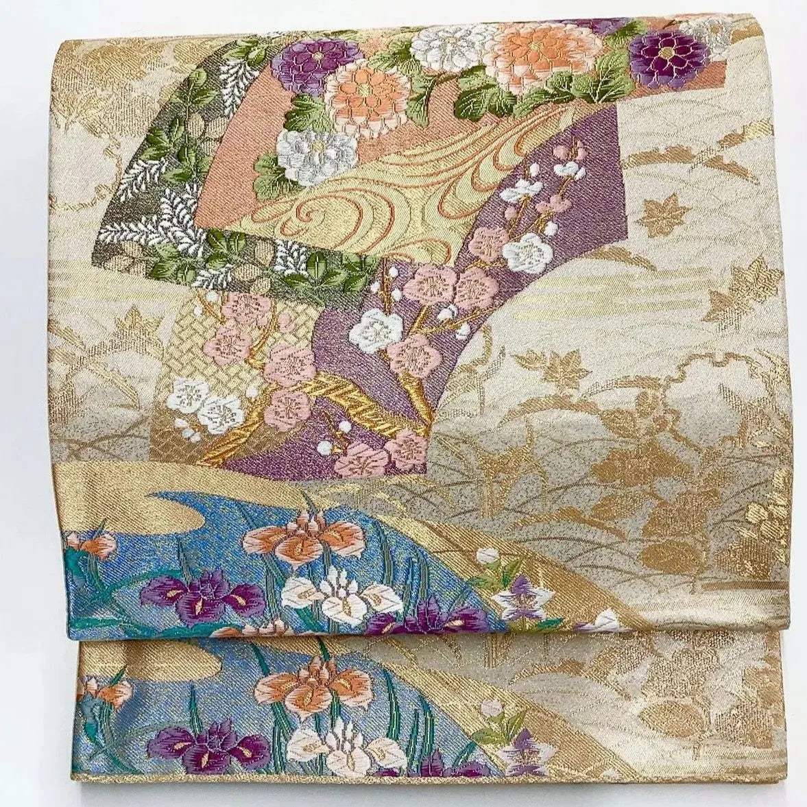 6707# Japanese Vintage Fukuro Obi Belt Kimono Fabric Silk Traditional Gold