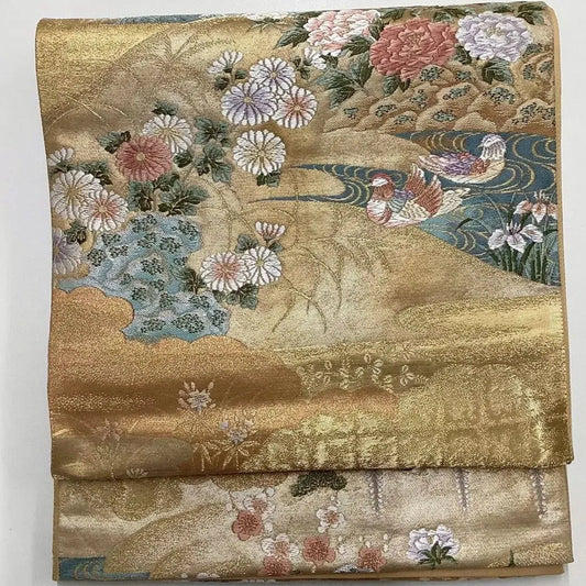 6708# Japanese Vintage Fukuro Obi Belt Kimono Fabric Silk Traditional Gold