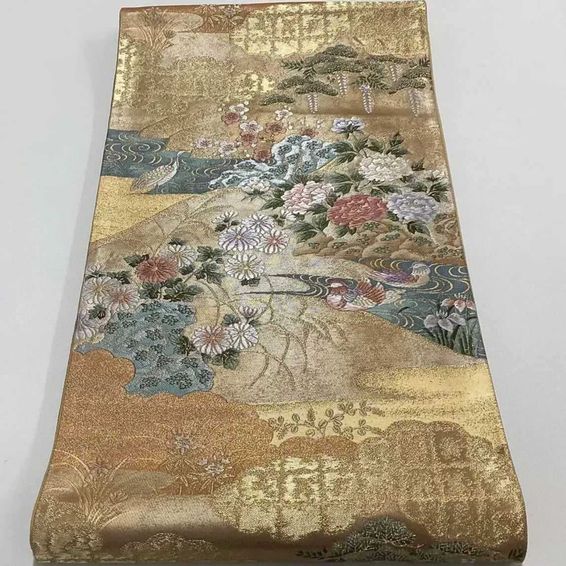 6708# Japanese Vintage Fukuro Obi Belt Kimono Fabric Silk Traditional Gold