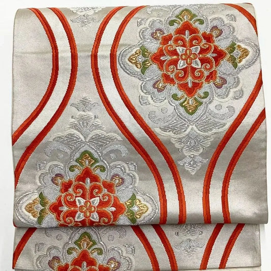 6710# Japanese Vintage Fukuro Obi Belt Kimono Fabric Silk Traditional Silver