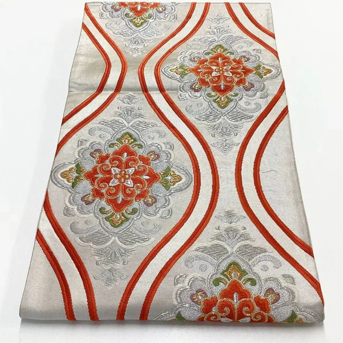 6710# Japanese Vintage Fukuro Obi Belt Kimono Fabric Silk Traditional Silver