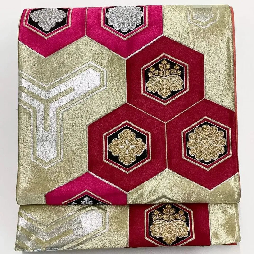 6711# Japanese Vintage Fukuro Obi Belt Kimono Fabric Silk Traditional Silver