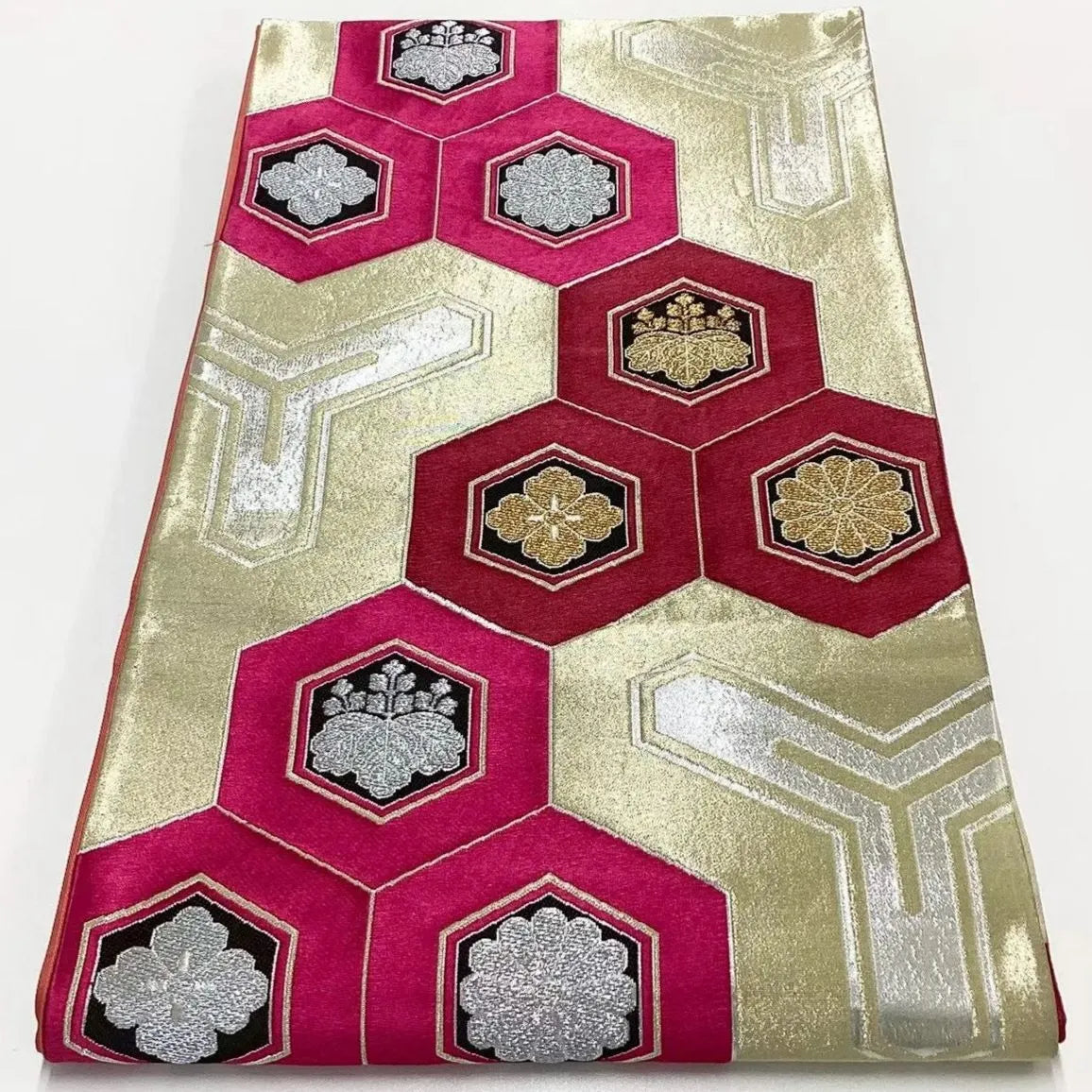 6711# Japanese Vintage Fukuro Obi Belt Kimono Fabric Silk Traditional Silver