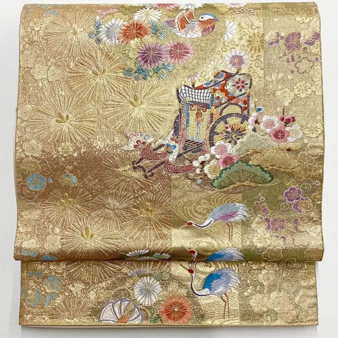6716# Japanese Vintage Fukuro Obi Belt Kimono Fabric Silk Traditional Gold