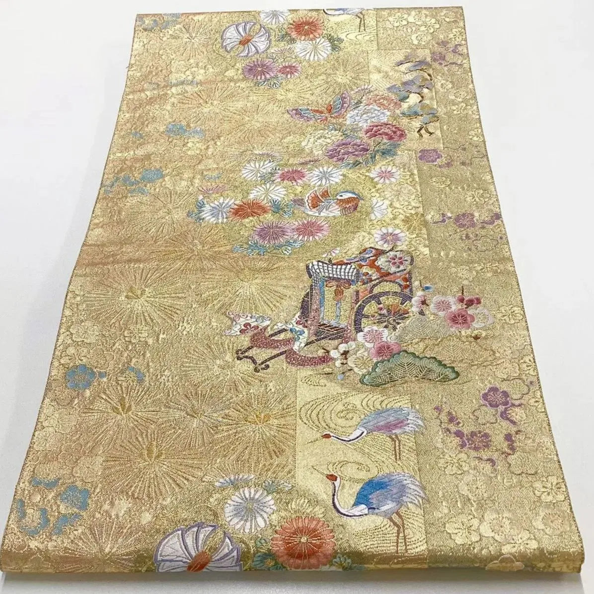 6716# Japanese Vintage Fukuro Obi Belt Kimono Fabric Silk Traditional Gold