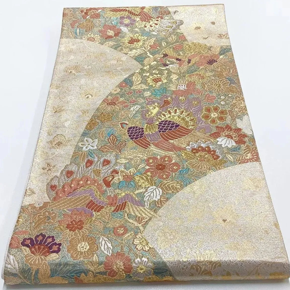 6718# Japanese Vintage Fukuro Obi Belt Kimono Fabric Silk Traditional Gold