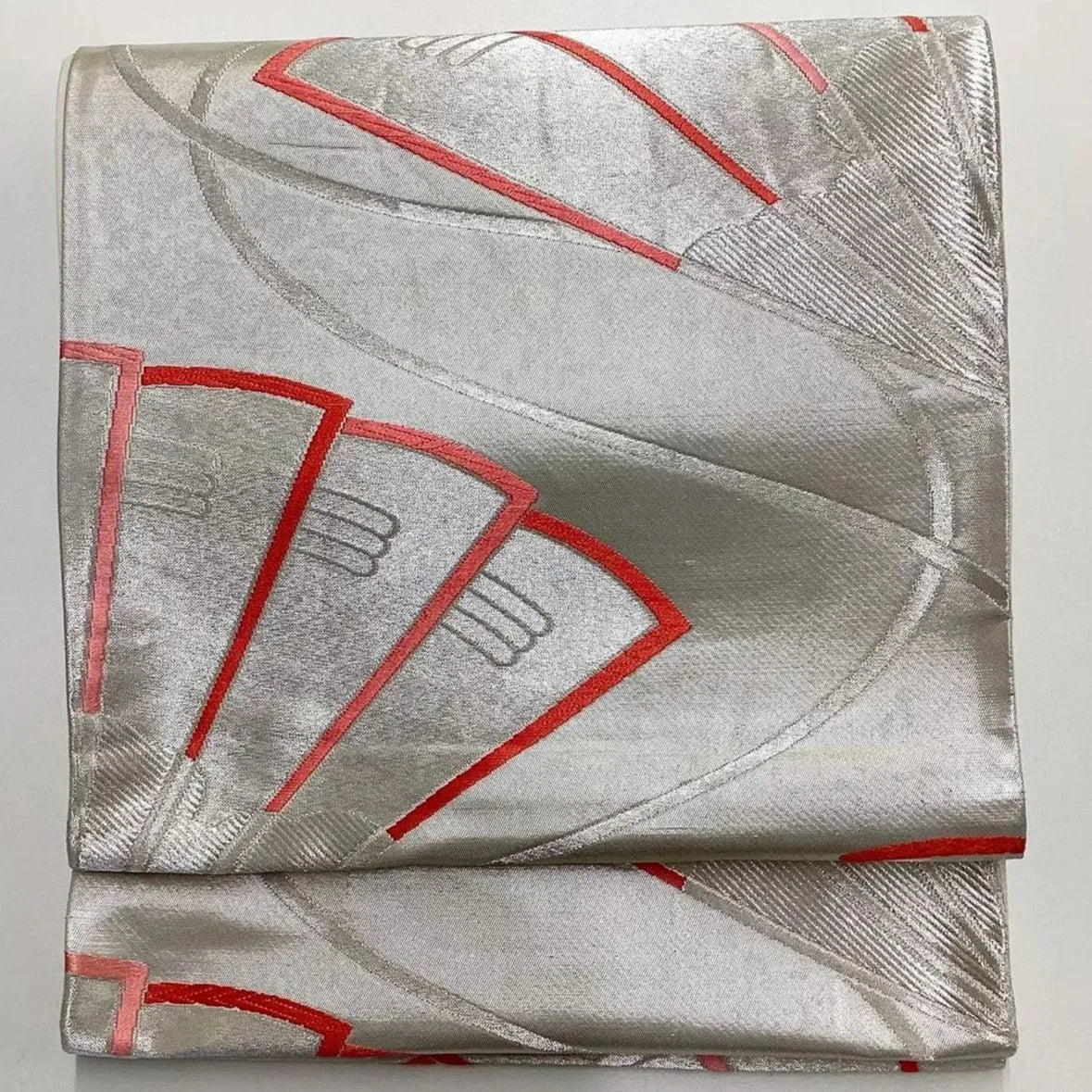 6719# Japanese Vintage Fukuro Obi Belt Kimono Fabric Silk Traditional Silver