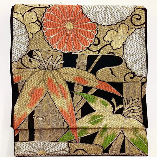 6721# Japanese Vintage Fukuro Obi Belt Kimono Fabric Silk Traditional Black　