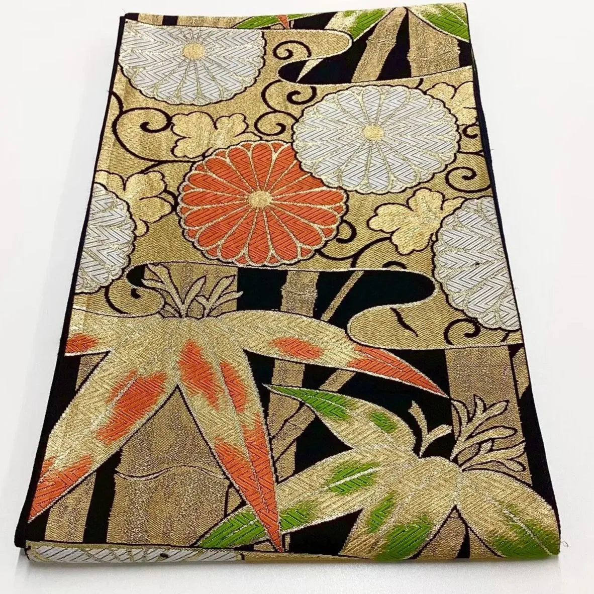 6721# Japanese Vintage Fukuro Obi Belt Kimono Fabric Silk Traditional Black　