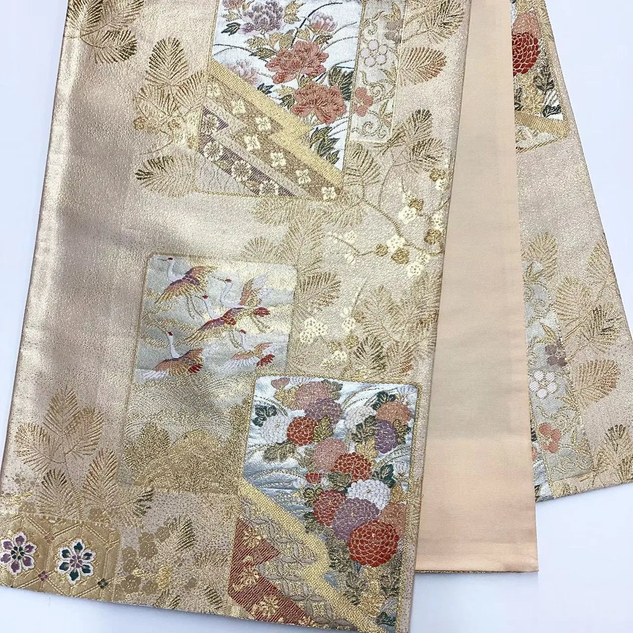 6724# Japanese Vintage Fukuro Obi Belt Kimono Fabric Silk Traditional Gold