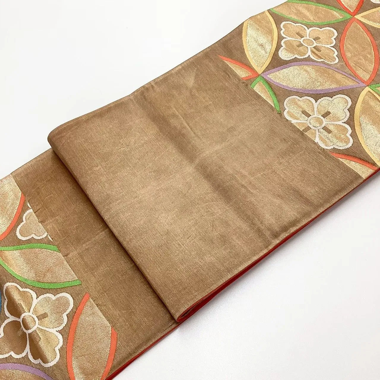 6736# Japanese Vintage Fukuro Obi Belt Kimono Fabric Silk Traditional Gold　