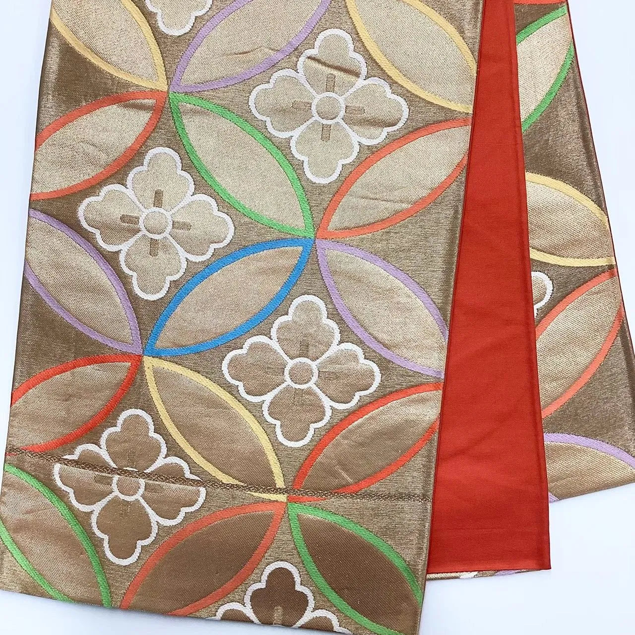 6736# Japanese Vintage Fukuro Obi Belt Kimono Fabric Silk Traditional Gold　