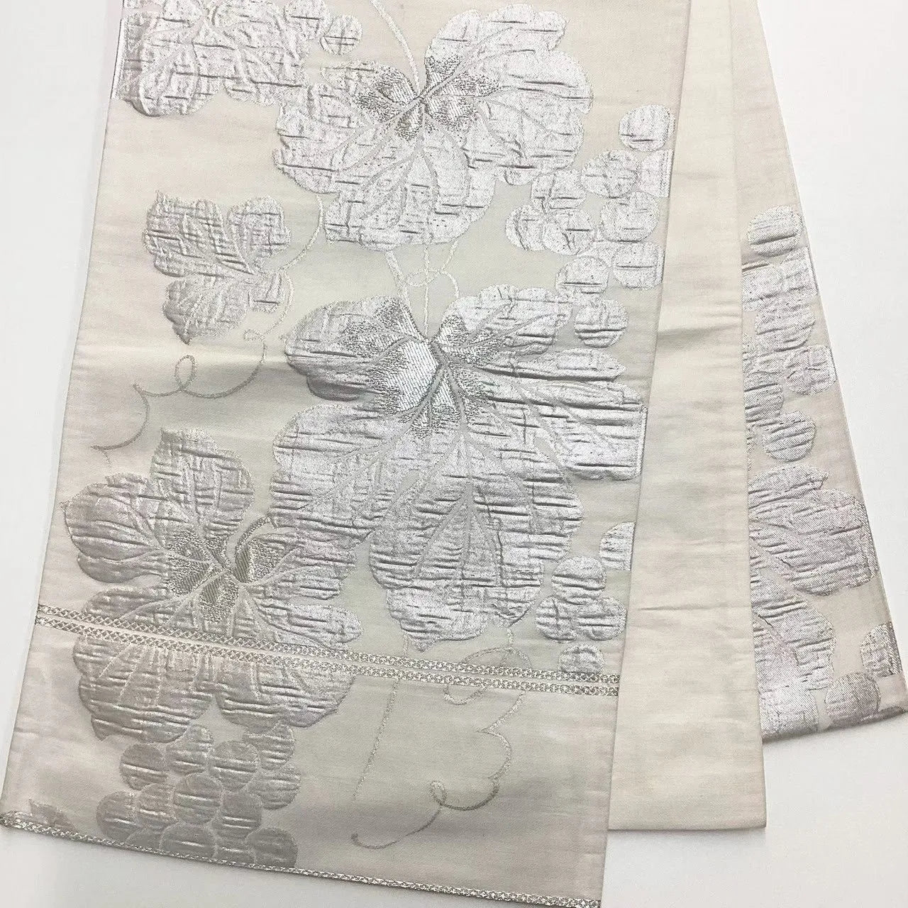 6738# Japanese Vintage Fukuro Obi Belt Kimono Fabric Silk Traditional Silver　