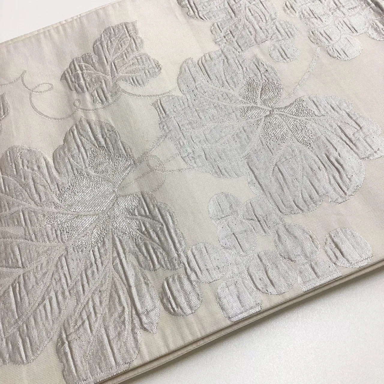 6738# Japanese Vintage Fukuro Obi Belt Kimono Fabric Silk Traditional Silver　