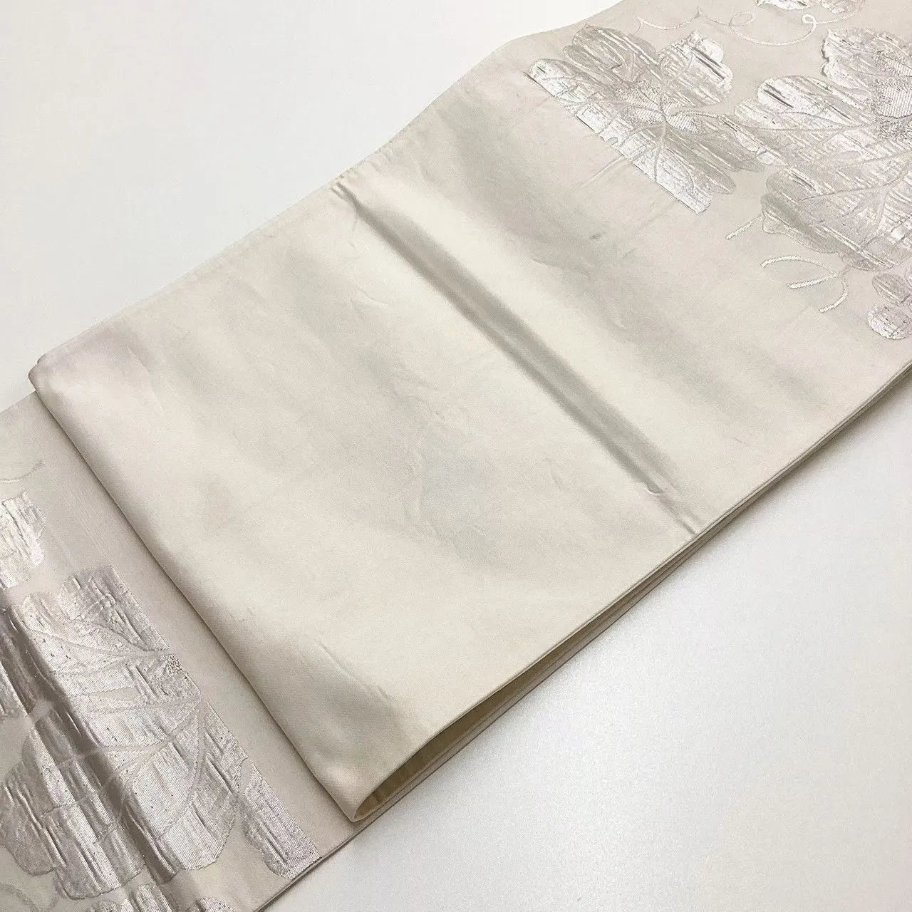6738# Japanese Vintage Fukuro Obi Belt Kimono Fabric Silk Traditional Silver　