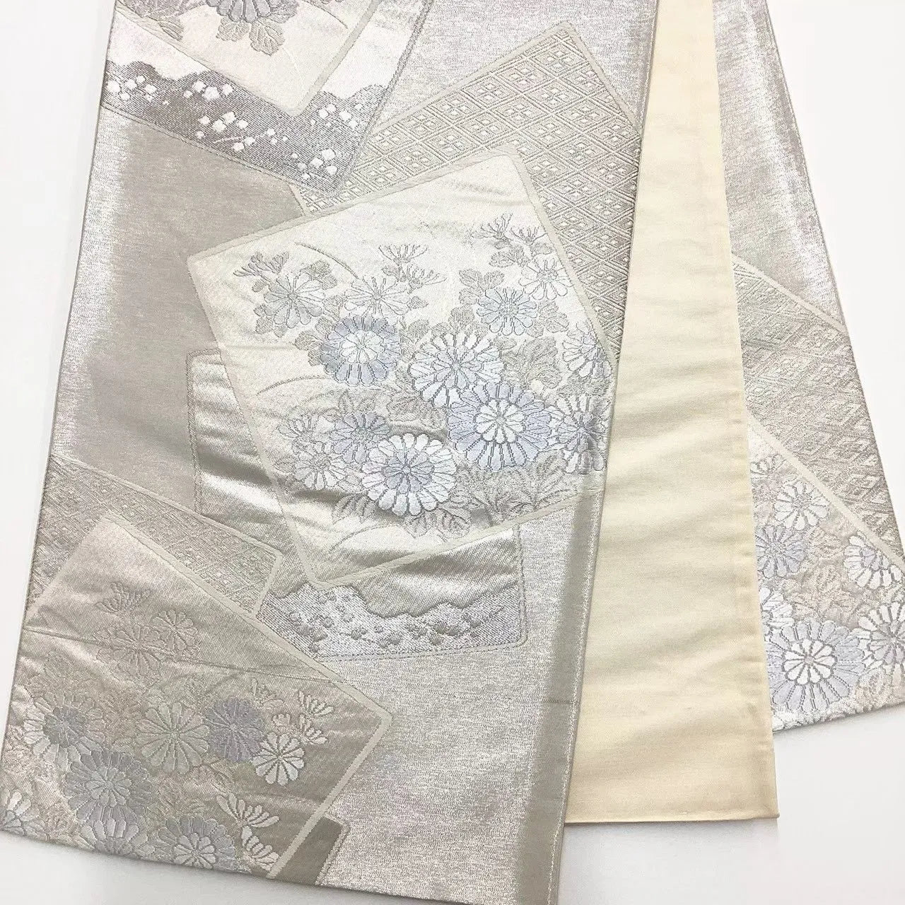 6739# Japanese Vintage Fukuro Obi Belt Kimono Fabric Silk Traditional Silver