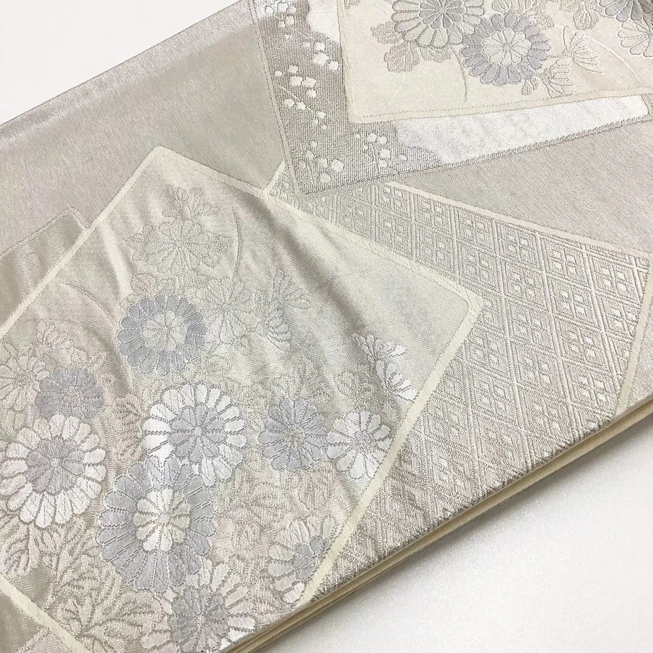 6739# Japanese Vintage Fukuro Obi Belt Kimono Fabric Silk Traditional Silver