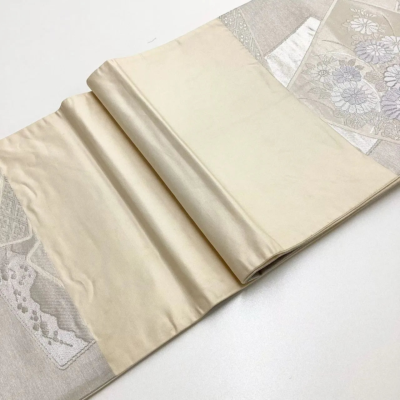 6739# Japanese Vintage Fukuro Obi Belt Kimono Fabric Silk Traditional Silver