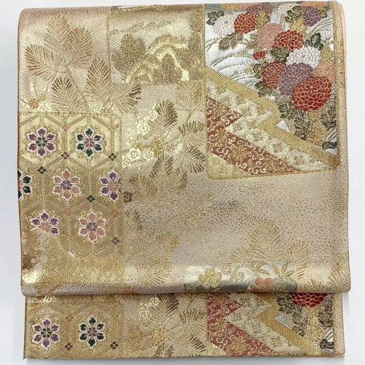 6724# Japanese Vintage Fukuro Obi Belt Kimono Fabric Silk Traditional Gold