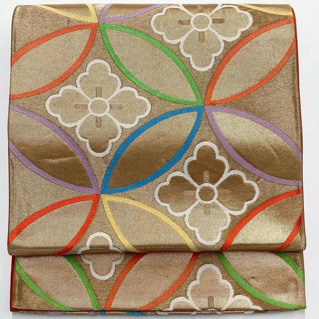 6736# Japanese Vintage Fukuro Obi Belt Kimono Fabric Silk Traditional Gold　