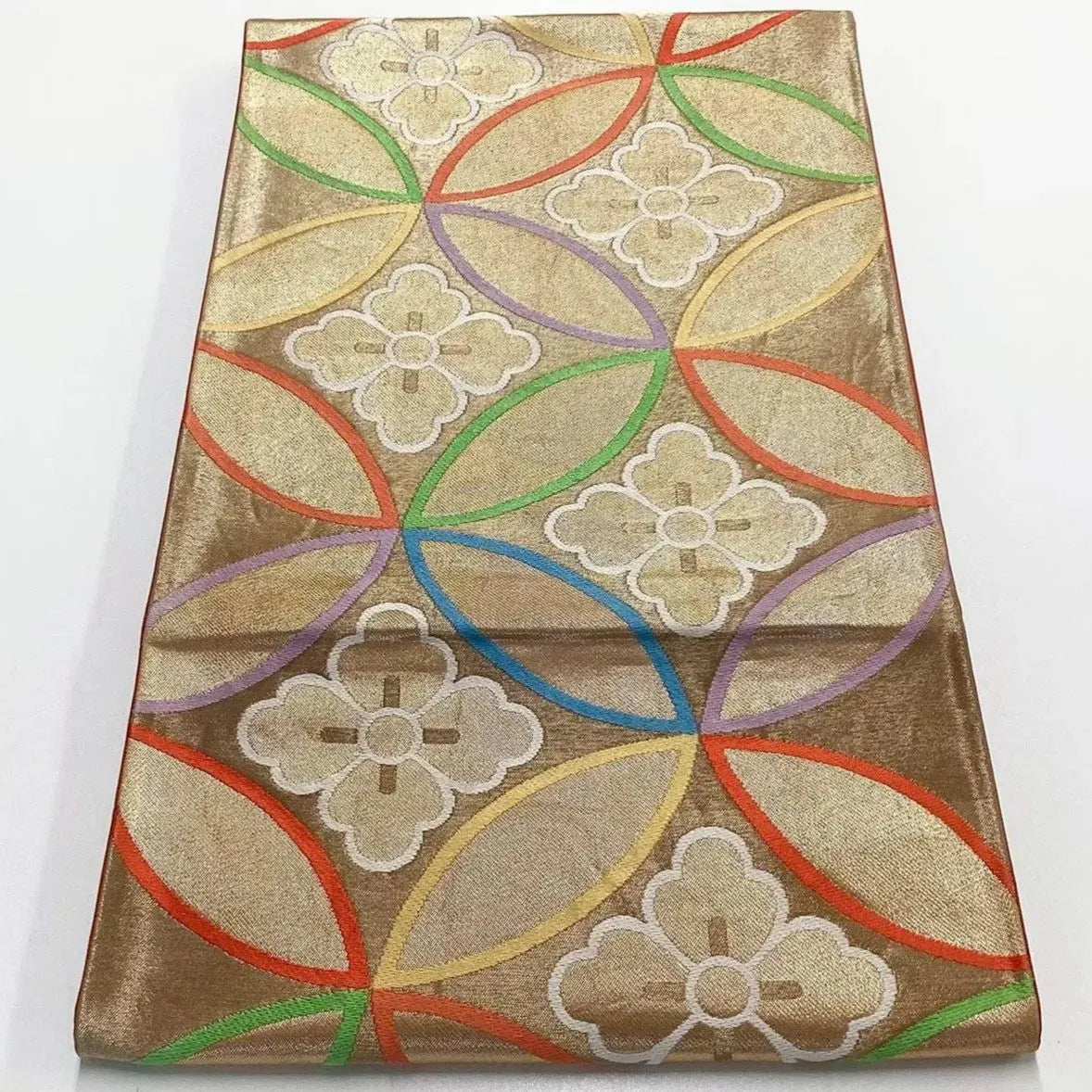 6736# Japanese Vintage Fukuro Obi Belt Kimono Fabric Silk Traditional Gold　