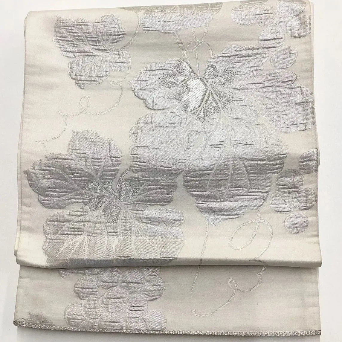6738# Japanese Vintage Fukuro Obi Belt Kimono Fabric Silk Traditional Silver　