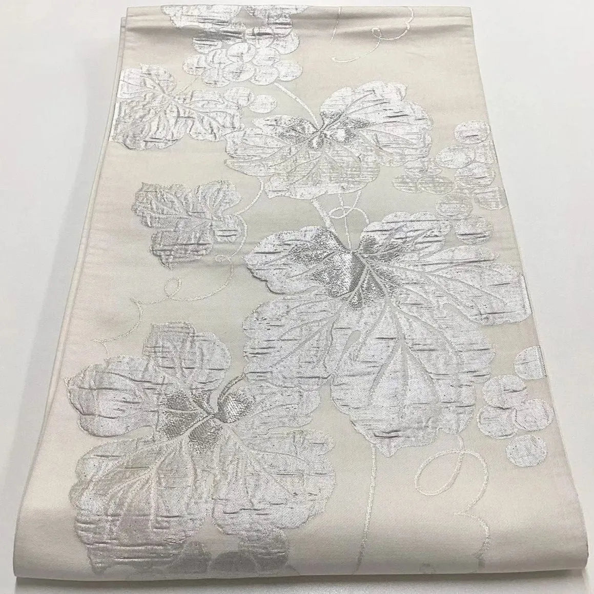 6738# Japanese Vintage Fukuro Obi Belt Kimono Fabric Silk Traditional Silver　