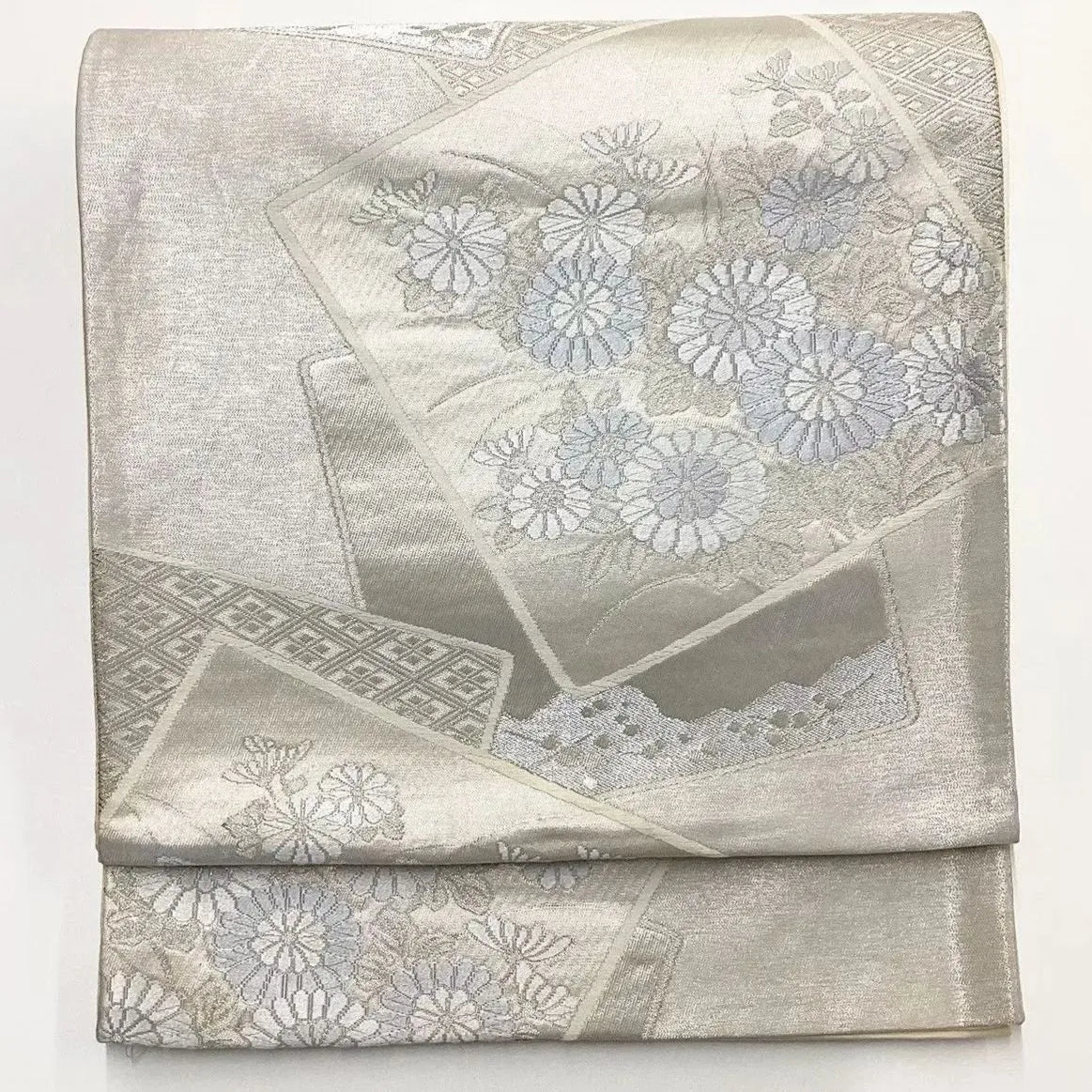 6739# Japanese Vintage Fukuro Obi Belt Kimono Fabric Silk Traditional Silver
