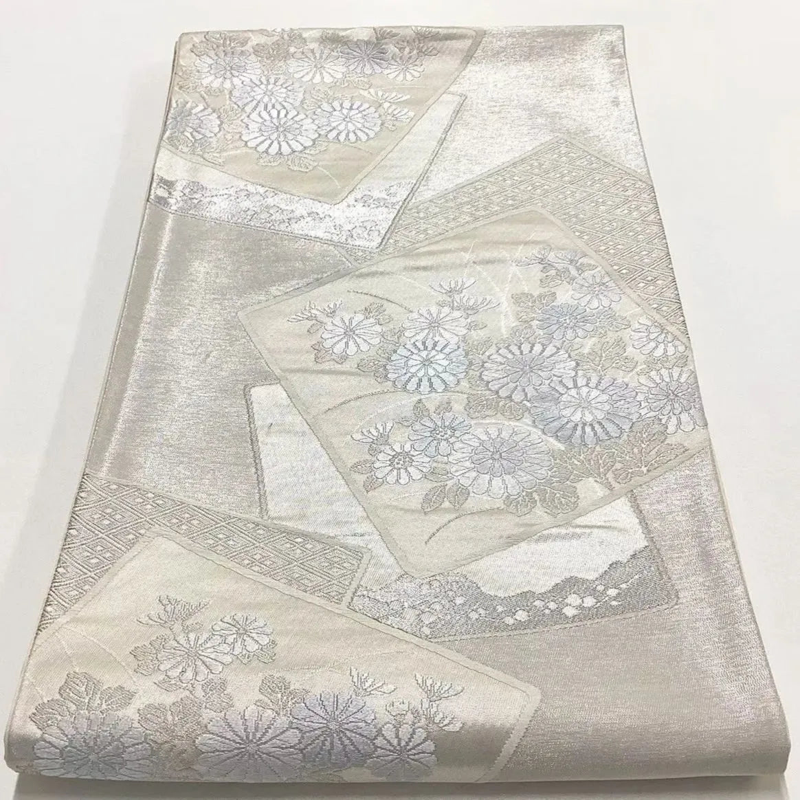 6739# Japanese Vintage Fukuro Obi Belt Kimono Fabric Silk Traditional Silver