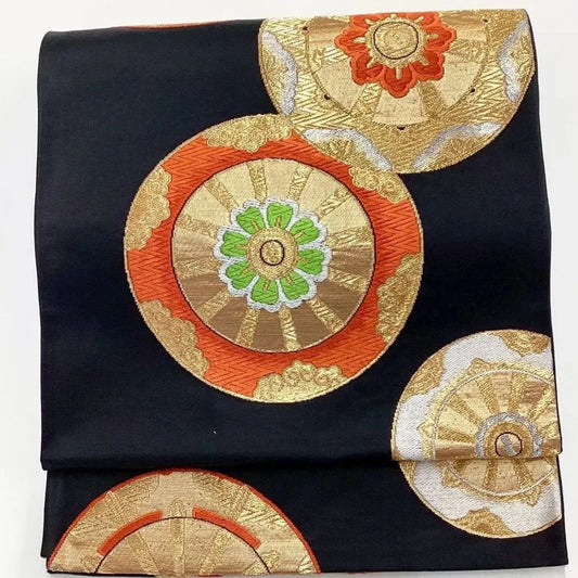 6740# Japanese Vintage Fukuro Obi Belt Kimono Fabric Silk Traditional Black