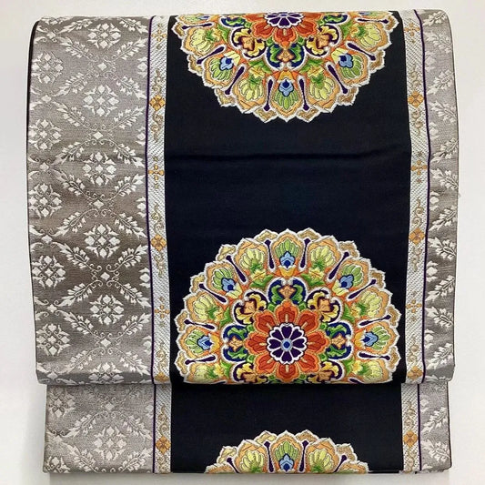 6741# Japanese Vintage Fukuro Obi Belt Kimono Fabric Silk Traditional Black