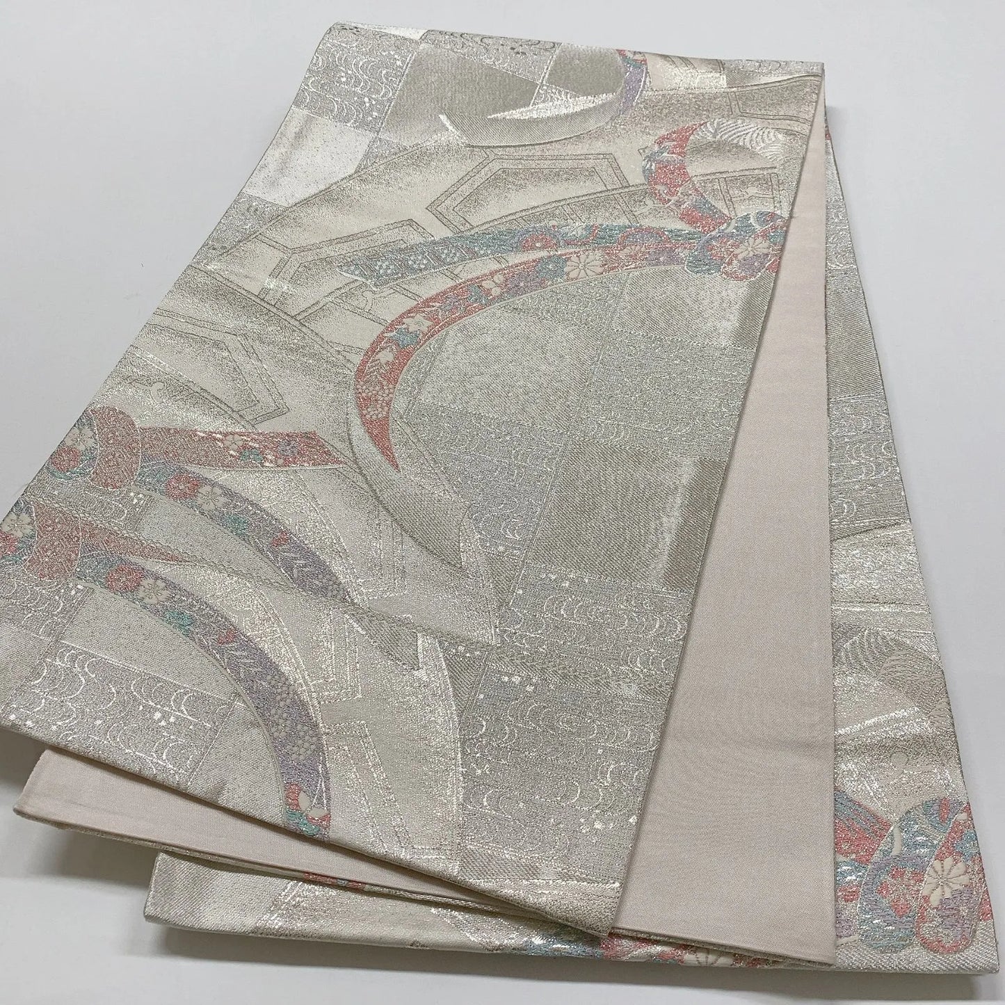 6823# Japanese Vintage Fukuro Obi Belt Kimono Fabric Silk Traditional Silver