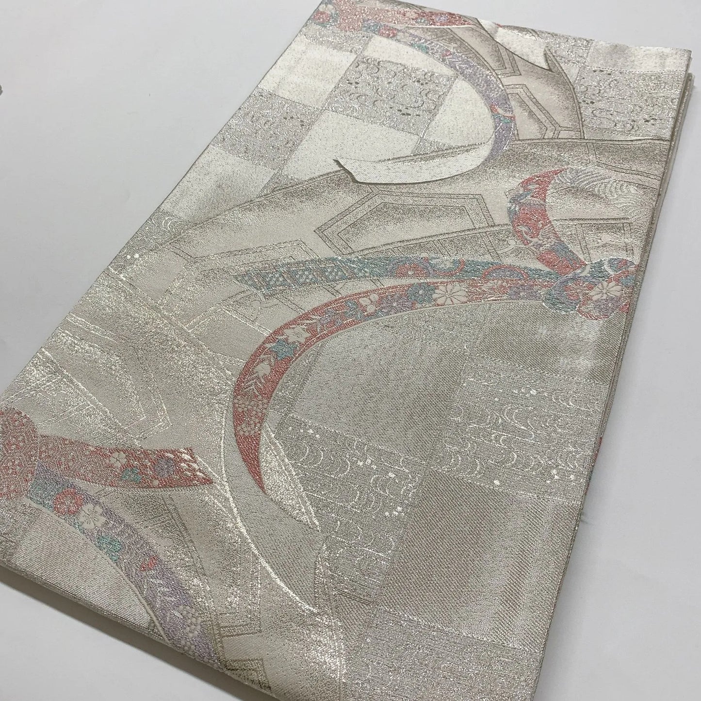 6823# Japanese Vintage Fukuro Obi Belt Kimono Fabric Silk Traditional Silver